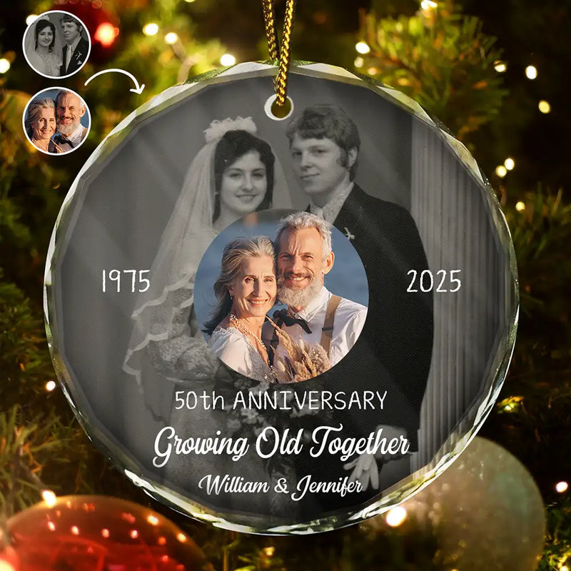 Wedding Anniversary, Christmas, Gift For Couples, Gift For Husband, Old Couples, Gift For Wife, Happy - Custom Photo From Then Until Now Growing Old Together Since - Personalized Circle Glass Ornament