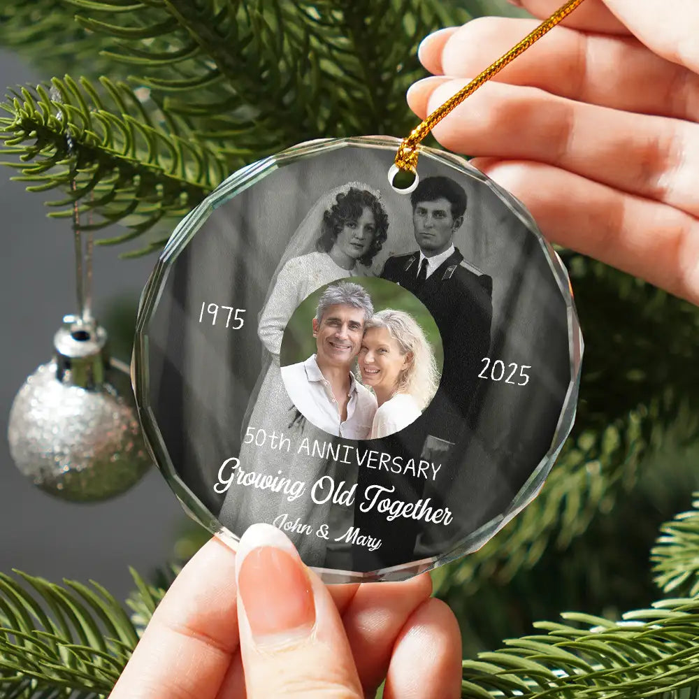 Wedding Anniversary, Christmas, Gift For Couples, Gift For Husband, Old Couples, Gift For Wife, Happy - Custom Photo From Then Until Now Growing Old Together Since - Personalized Circle Glass Ornament