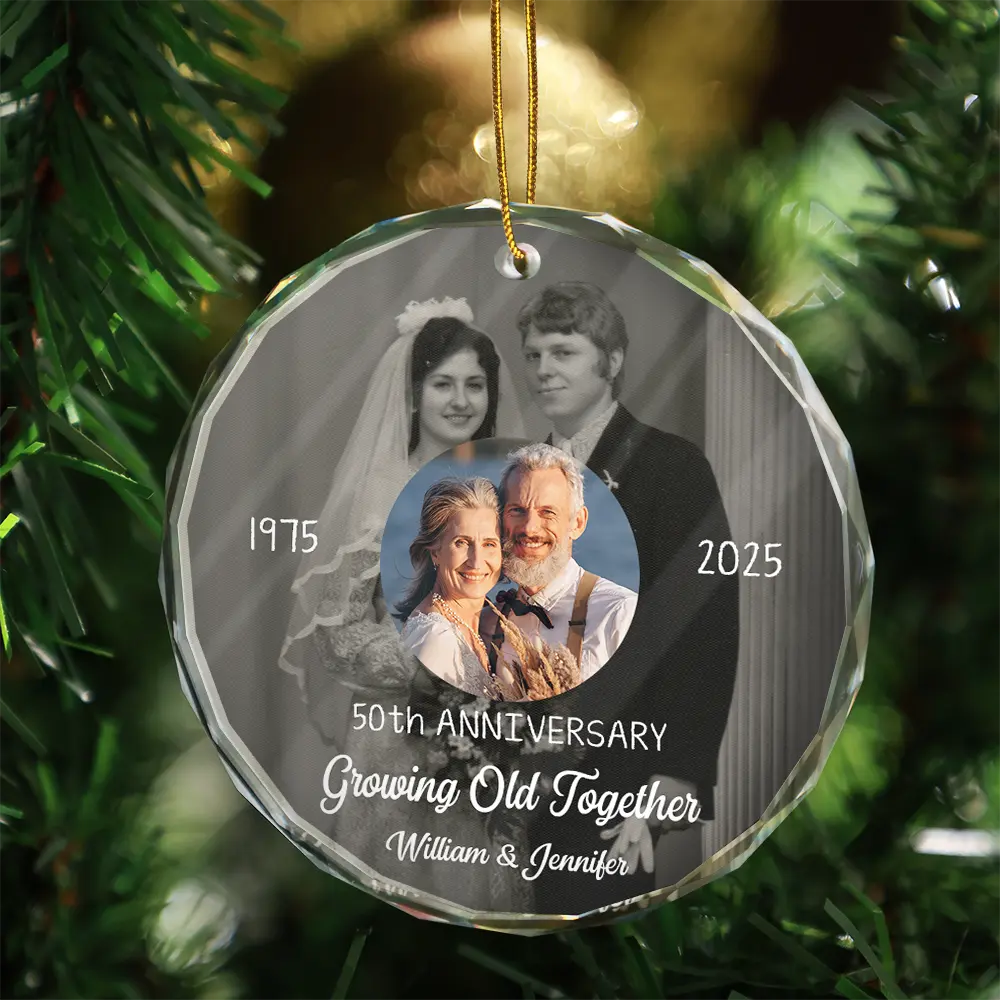 Wedding Anniversary, Christmas, Gift For Couples, Gift For Husband, Old Couples, Gift For Wife, Happy - Custom Photo From Then Until Now Growing Old Together Since - Personalized Circle Glass Ornament