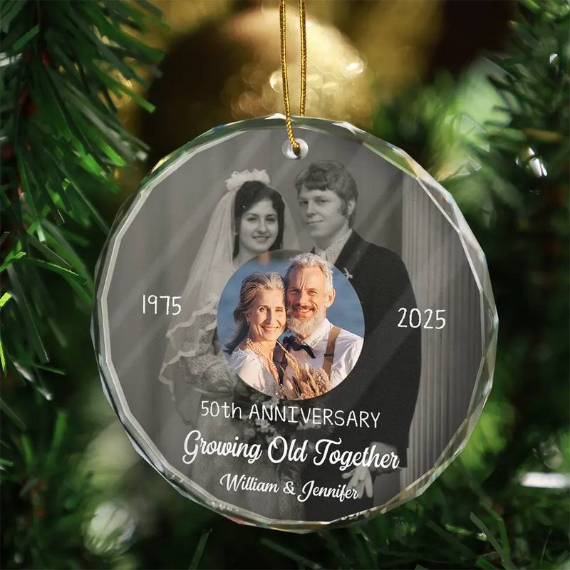 Wedding Anniversary, Christmas, Gift For Couples, Gift For Husband, Old Couples, Gift For Wife, Happy - Custom Photo From Then Until Now Growing Old Together Since - Personalized Circle Glass Ornament