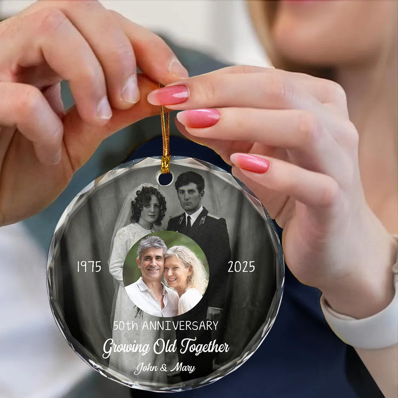 Wedding Anniversary, Christmas, Gift For Couples, Gift For Husband, Old Couples, Gift For Wife, Happy - Custom Photo From Then Until Now Growing Old Together Since - Personalized Circle Glass Ornament