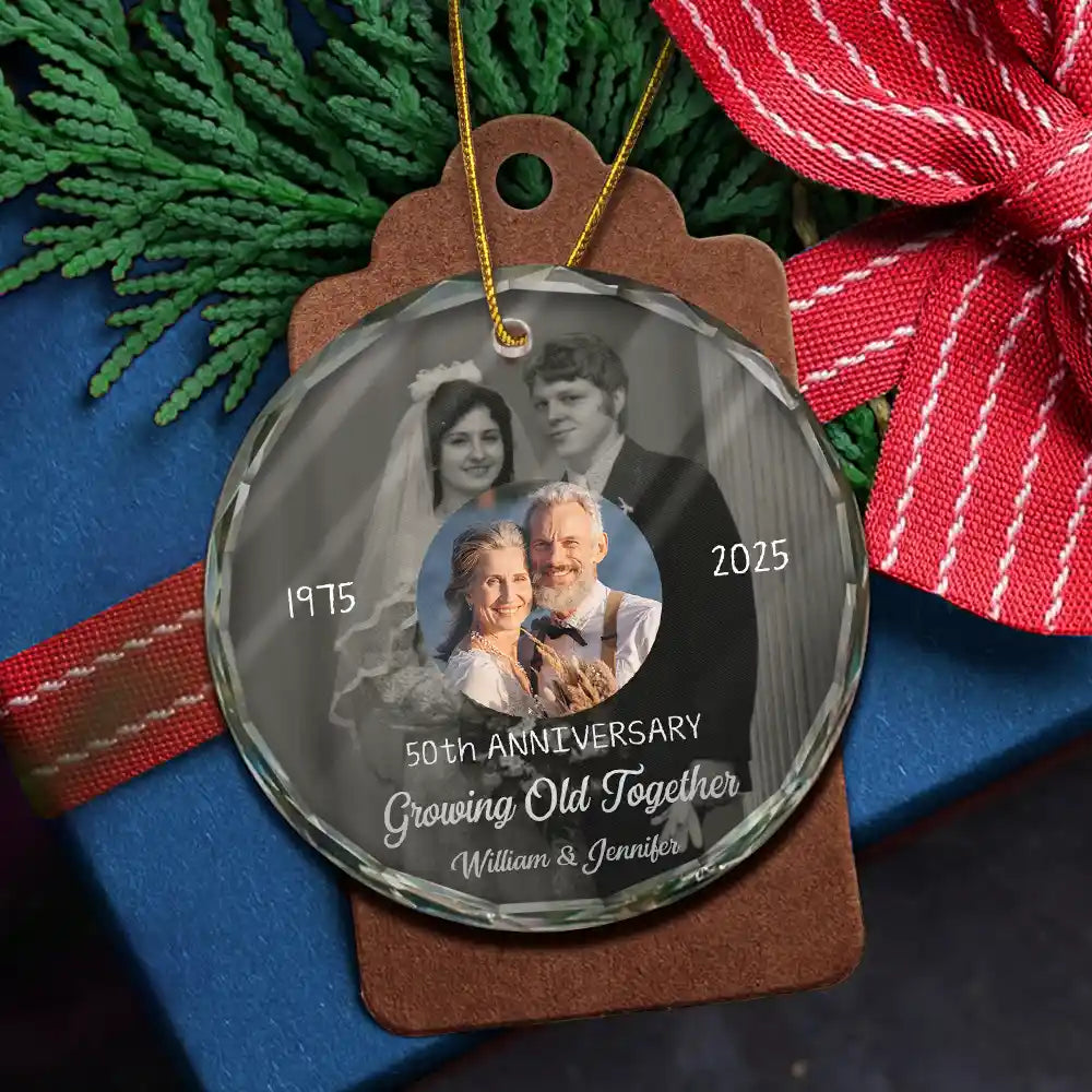 Wedding Anniversary, Christmas, Gift For Couples, Gift For Husband, Old Couples, Gift For Wife, Happy - Custom Photo From Then Until Now Growing Old Together Since - Personalized Circle Glass Ornament