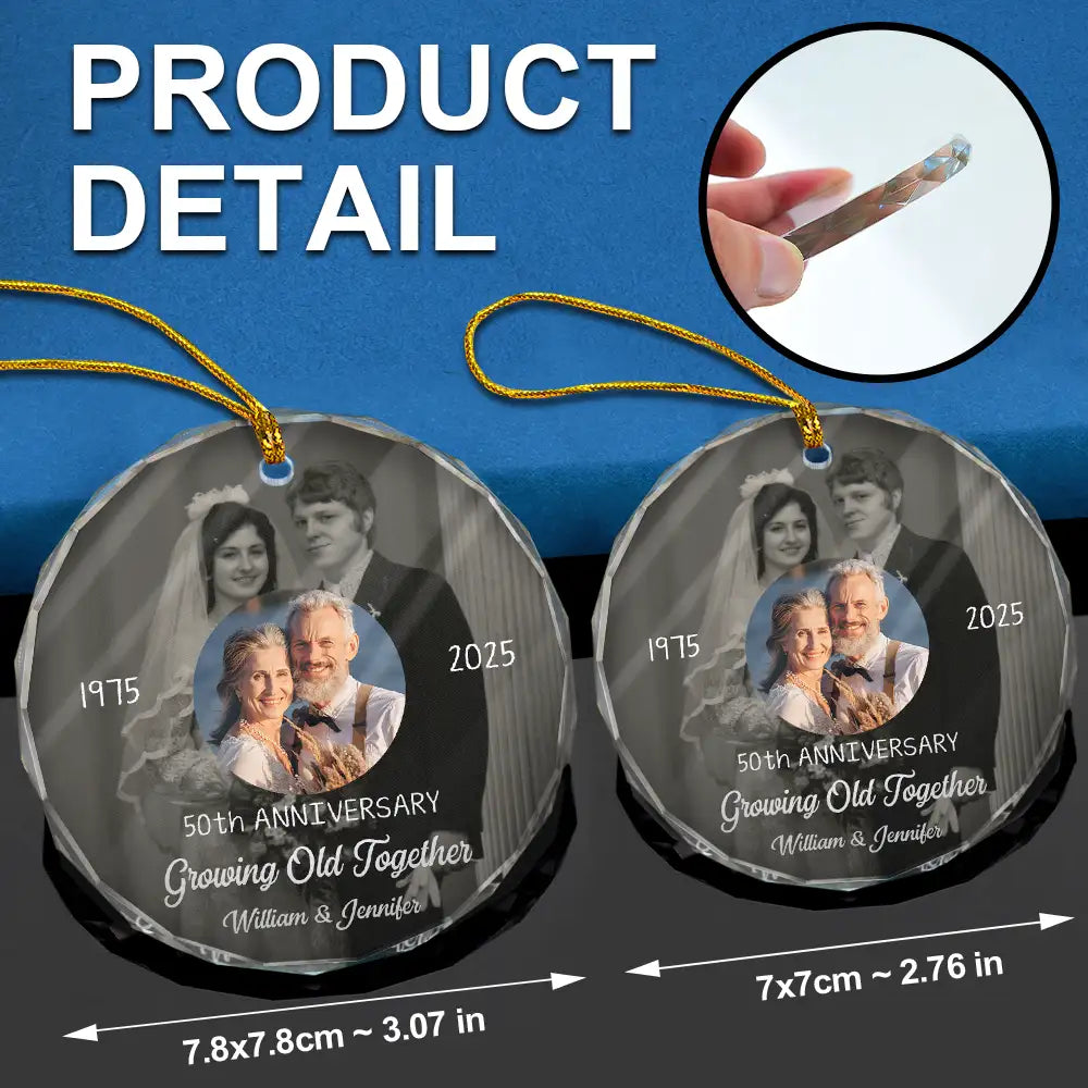 Wedding Anniversary, Christmas, Gift For Couples, Gift For Husband, Old Couples, Gift For Wife, Happy - Custom Photo From Then Until Now Growing Old Together Since - Personalized Circle Glass Ornament