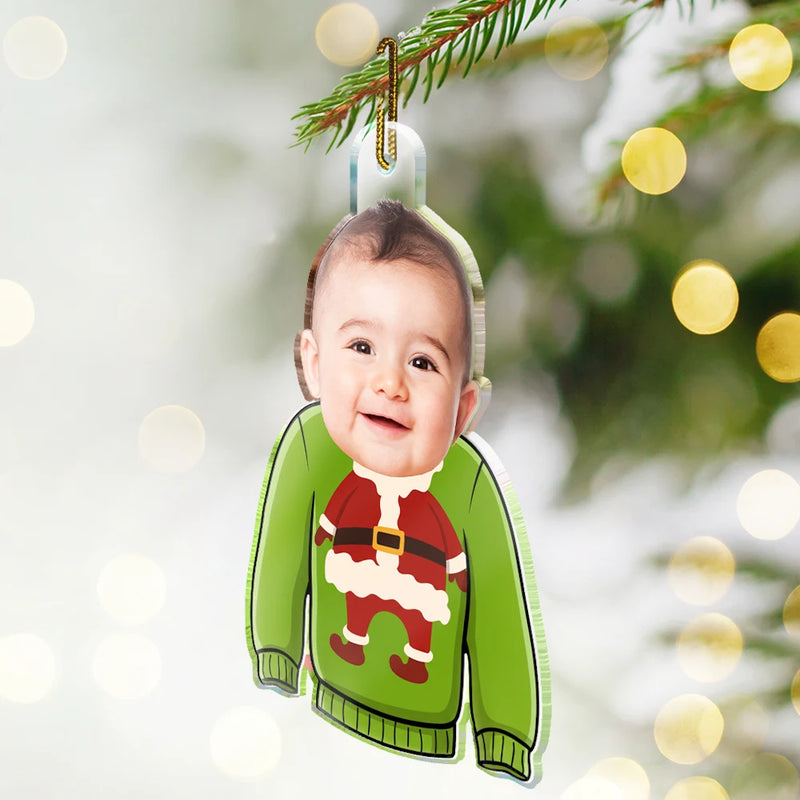 Funny, Parents, New baby, Gift For Grandparents, Christmas - Custom Photo Funny Baby Face Sweater - Personalized Custom Shaped Acrylic Ornament