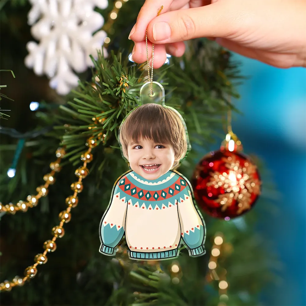 Funny, Parents, New baby, Gift For Grandparents, Christmas - Custom Photo Funny Baby Face Sweater - Personalized Custom Shaped Acrylic Ornament