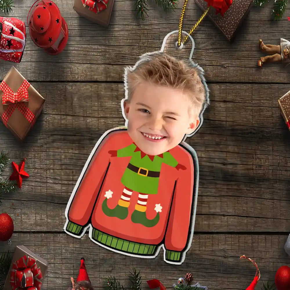 Funny, Parents, New baby, Gift For Grandparents, Christmas - Custom Photo Funny Baby Face Sweater - Personalized Custom Shaped Acrylic Ornament