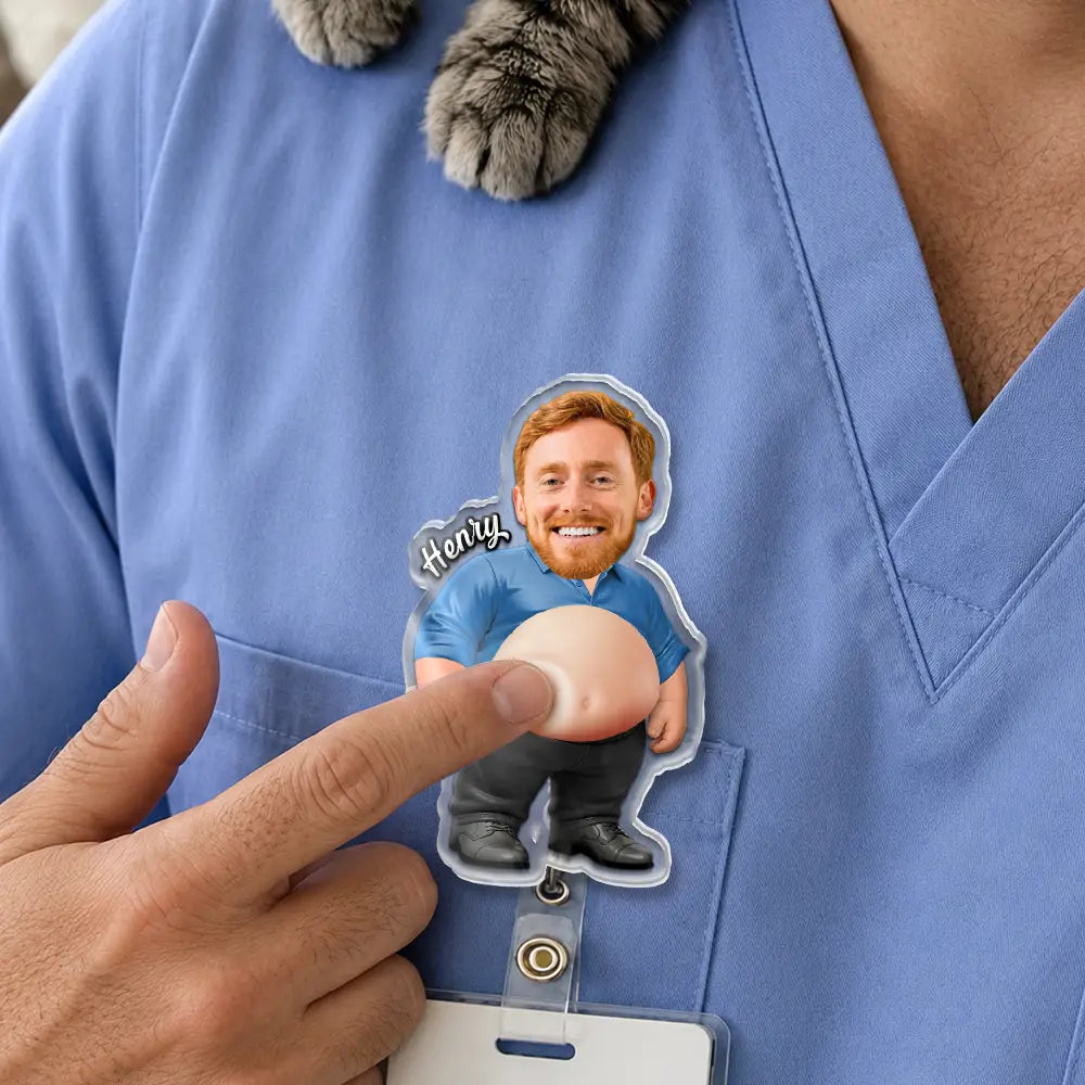 Gift For Colleagues,Humorous,Custom Photo,Cut-Face Photo - Custom Photo Funny Belly Office Squad - Personalized Squishy Badge Reel