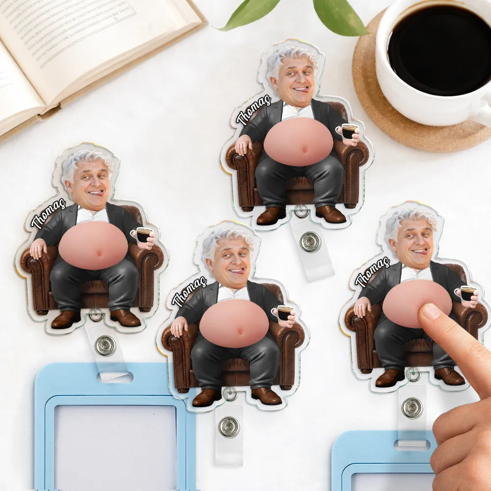 Gift For Colleagues,Humorous,Custom Photo,Cut-Face Photo - Custom Photo Funny Belly Office Squad - Personalized Squishy Badge Reel