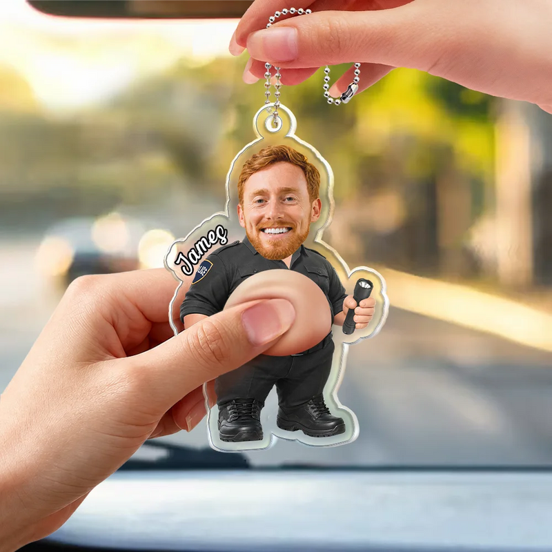 Humorous,Officer,Custom Photo,Cut-Face Photo - Custom Photo Funny Belly Police Officer On Duty - Personalized Squishy Acrylic Car Hanger