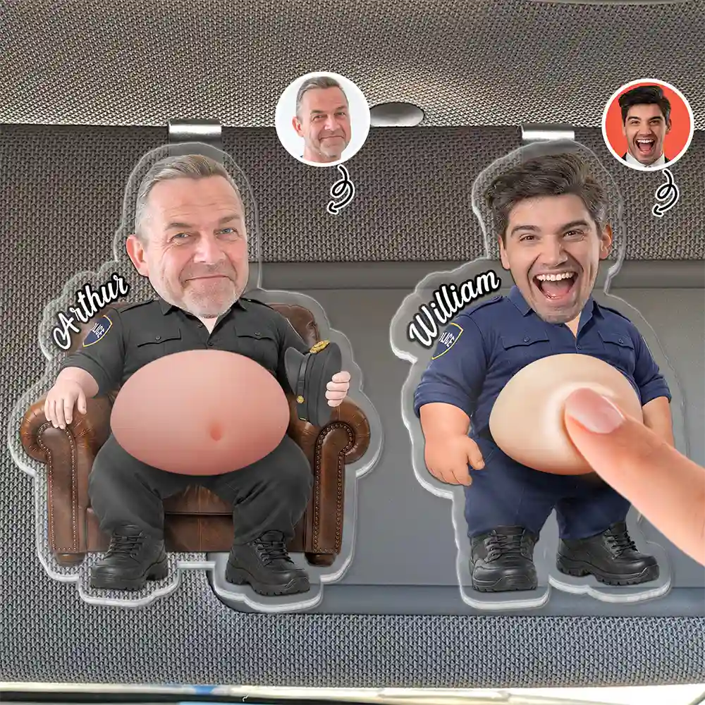 Custom Photo Funny Belly Police Officer On Duty - Personalized Squishy Acrylic Car Visor Clip