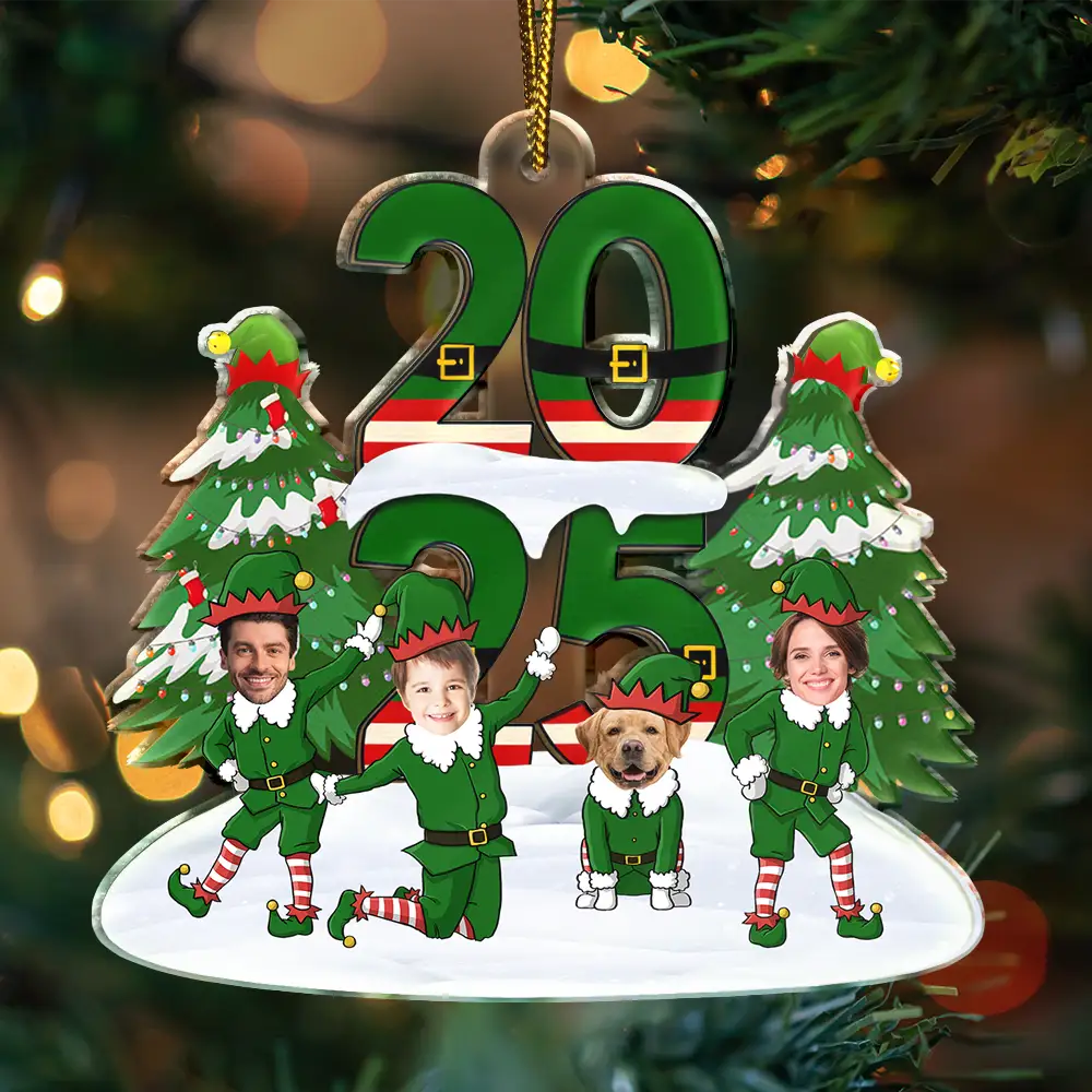 Family,Parents,Gift For Grandparents,Gift For Kids,Gift For Grandkids,Pet Lovers,Dog Lovers,Christmas,Custom Photo - Custom Photo Funny Christmas Elf Family Face Cut - Personalized Custom Shaped Acrylic Ornament