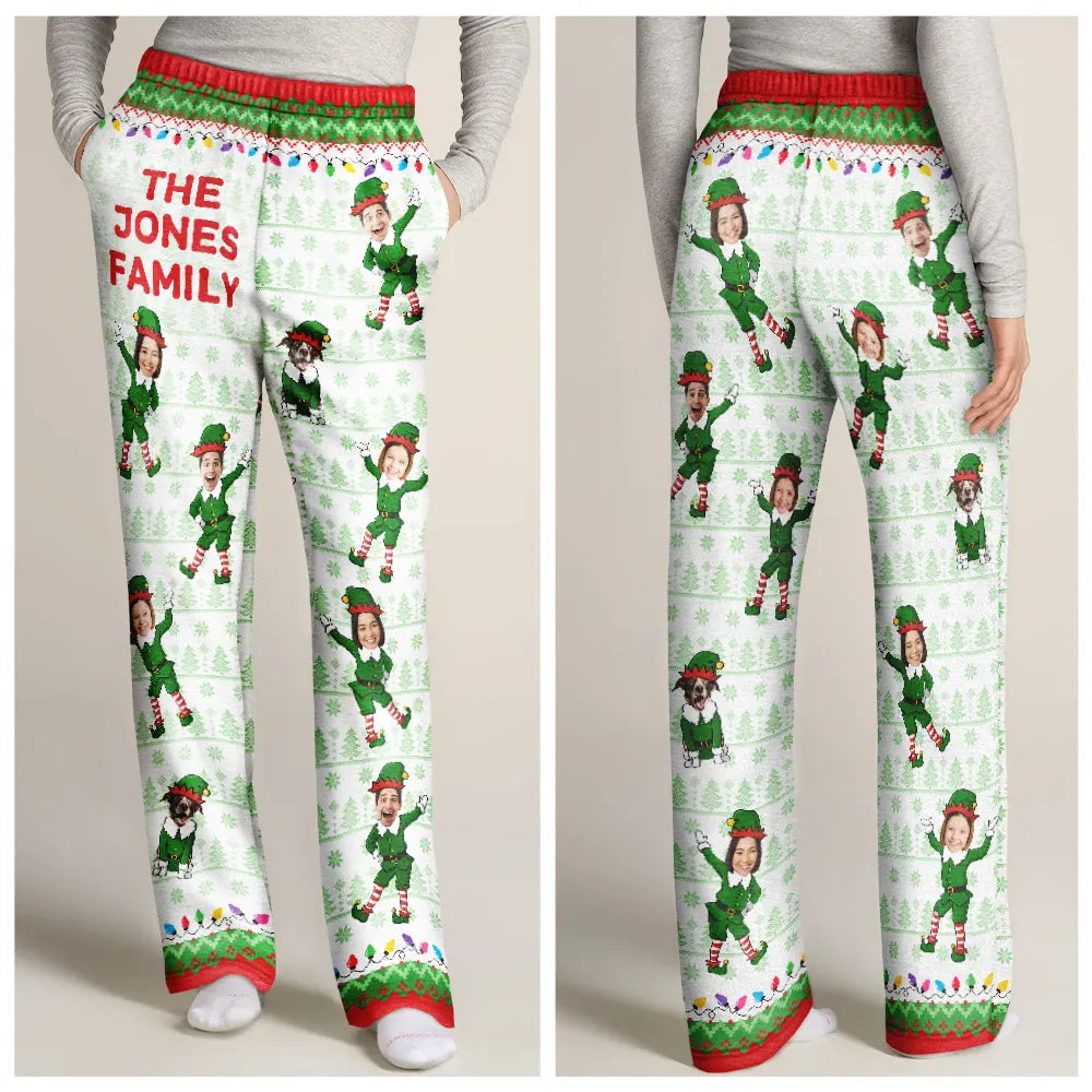 Family,Parents,Gift For Grandparents,Gift For Kids,Gift For Grandkids,Pet Lovers,Dog Lovers,Christmas,Custom Photo - Custom Photo Funny Christmas Elf Family Face Cut - Personalized Pajama Pants