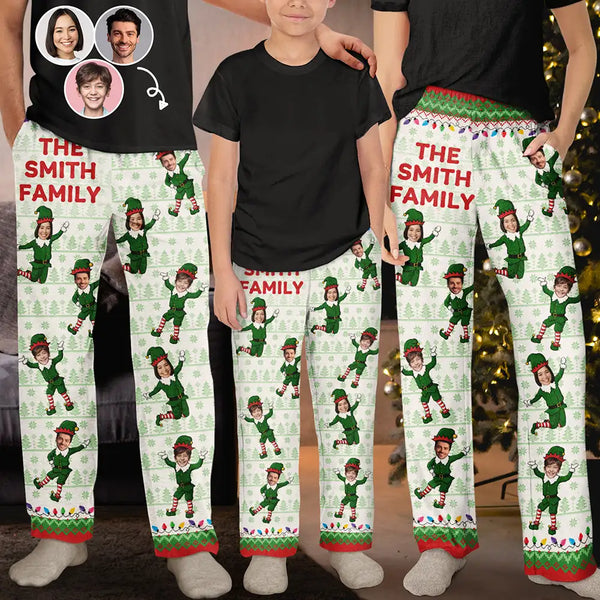 Family,Parents,Gift For Grandparents,Gift For Kids,Gift For Grandkids,Pet Lovers,Dog Lovers,Christmas,Custom Photo - Custom Photo Funny Christmas Elf Family Face Cut - Personalized Pajama Pants