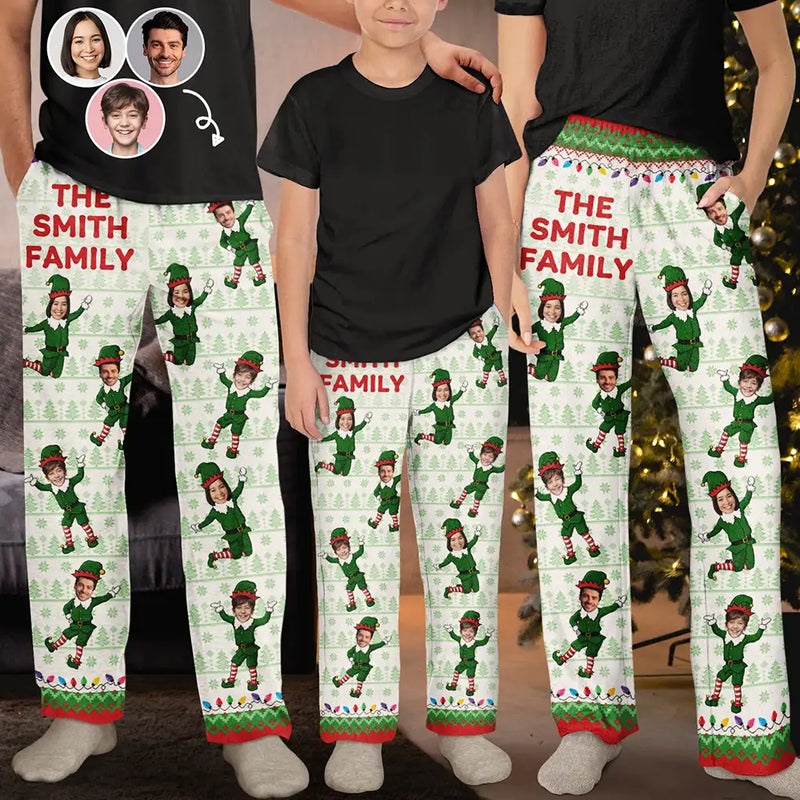 Family,Parents,Gift For Grandparents,Gift For Kids,Gift For Grandkids,Pet Lovers,Dog Lovers,Christmas,Custom Photo - Custom Photo Funny Christmas Elf Family Face Cut - Personalized Pajama Pants