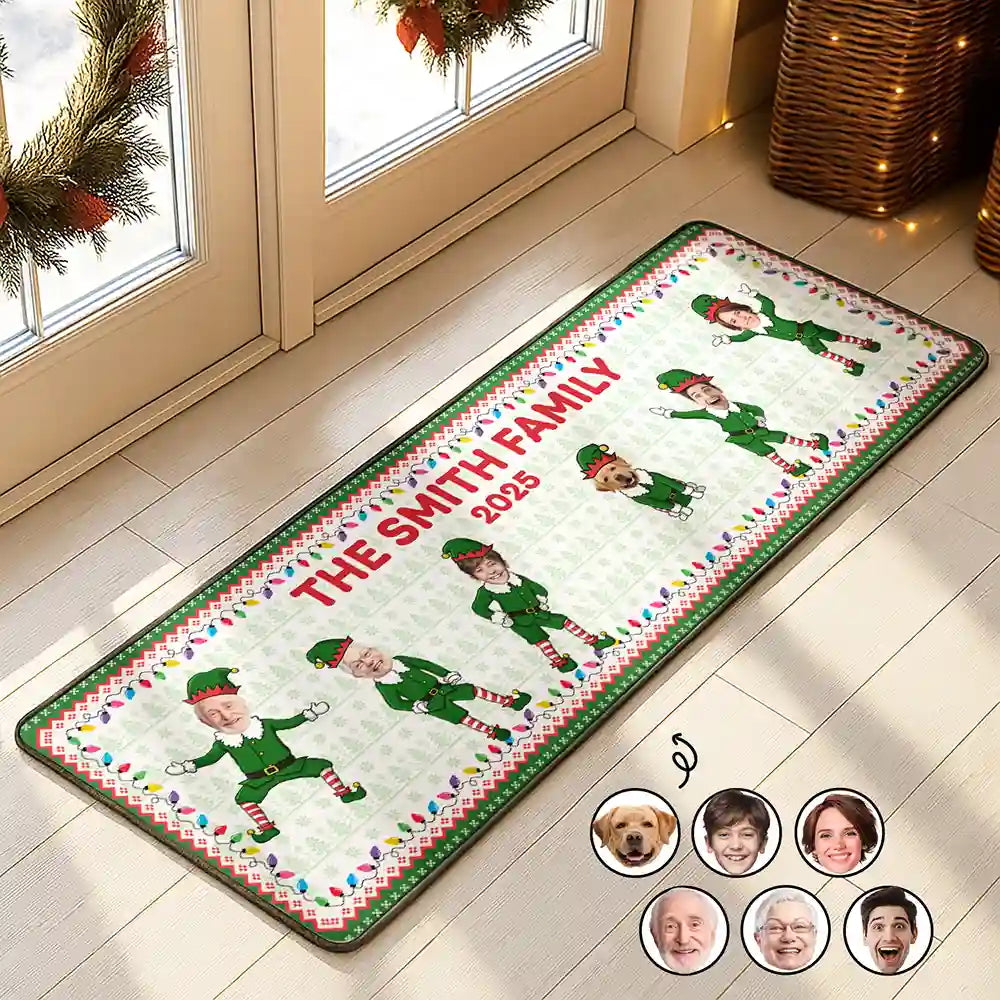 Family,Parents,Gift For Grandparents,Gift For Kids,Gift For Grandkids,Pet Lovers,Dog Lovers,Christmas,Custom Photo - Custom Photo Funny Christmas Elf Family Face Cut - Personalized Runner Rug