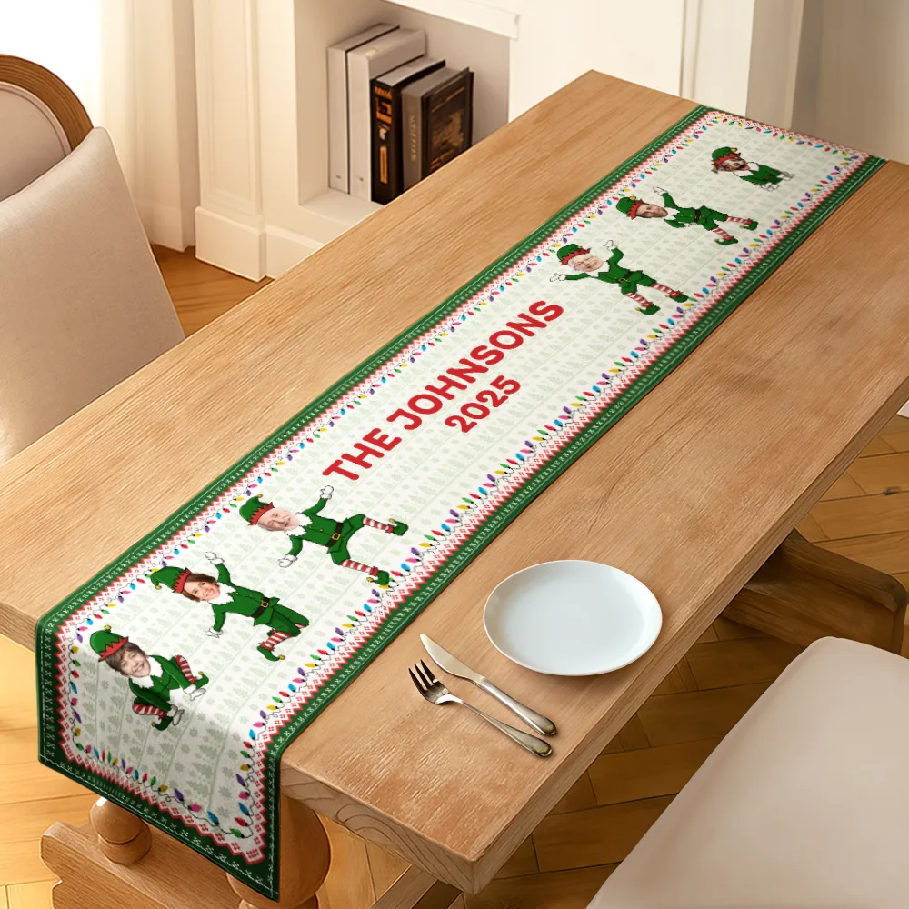 Family, Parents, Gift For Grandparents, Happy, Christmas - Custom Photo Funny Christmas Elf Family Face Cut - Personalized Table Runner