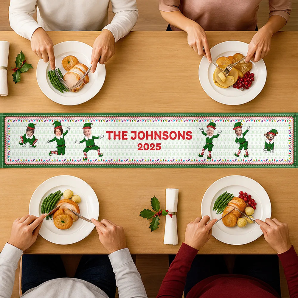 Family, Parents, Gift For Grandparents, Happy, Christmas - Custom Photo Funny Christmas Elf Family Face Cut - Personalized Table Runner