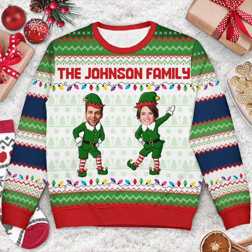 Christmas,Family,Parents,Gift For Grandparents,Gift For Kids,Funny,Custom Photo - Custom Photo Funny Christmas Elf Family Face Cut - Personalized Unisex Ugly Sweater