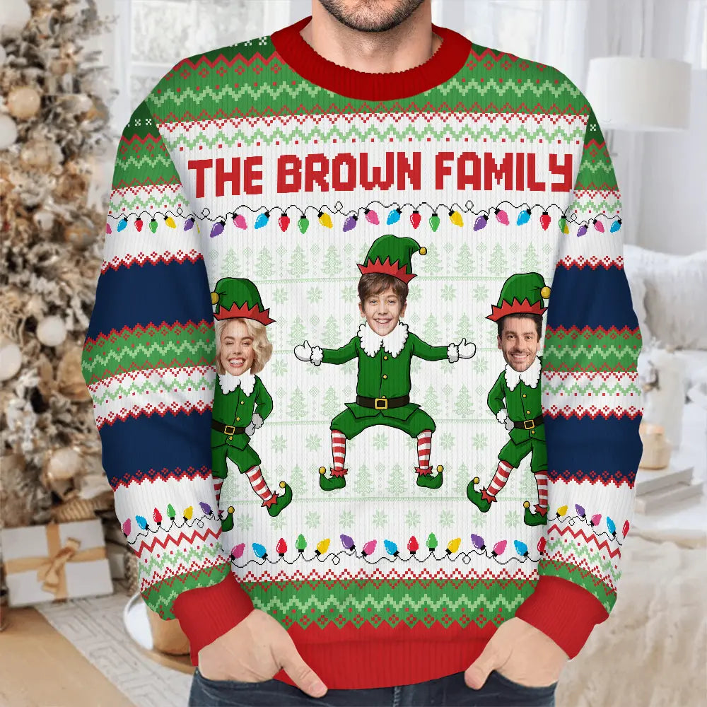 Christmas,Family,Parents,Gift For Grandparents,Gift For Kids,Funny,Custom Photo - Custom Photo Funny Christmas Elf Family Face Cut - Personalized Unisex Ugly Sweater