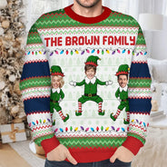 Christmas,Family,Parents,Gift For Grandparents,Gift For Kids,Funny,Custom Photo - Custom Photo Funny Christmas Elf Family Face Cut - Personalized Unisex Ugly Sweater
