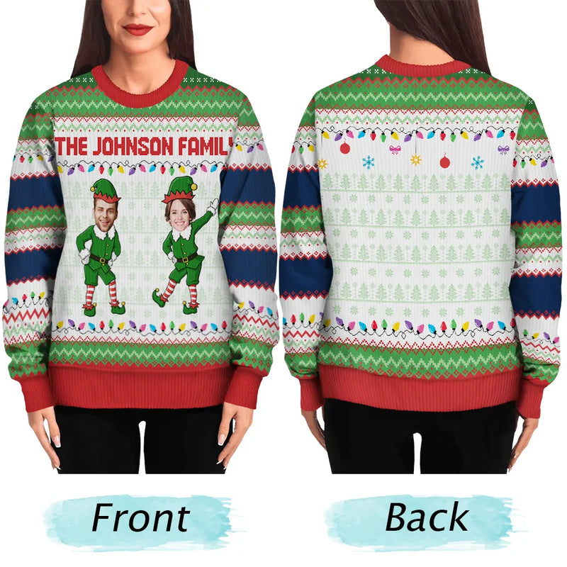 Christmas,Family,Parents,Gift For Grandparents,Gift For Kids,Funny,Custom Photo - Custom Photo Funny Christmas Elf Family Face Cut - Personalized Unisex Ugly Sweater