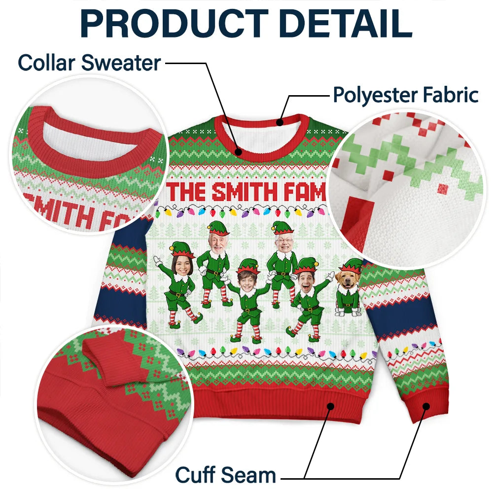 Christmas,Family,Parents,Gift For Grandparents,Gift For Kids,Funny,Custom Photo - Custom Photo Funny Christmas Elf Family Face Cut - Personalized Unisex Ugly Sweater