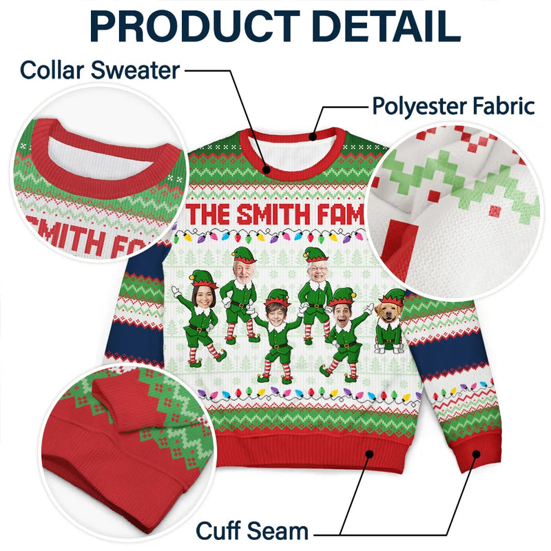 Christmas,Family,Parents,Gift For Grandparents,Gift For Kids,Funny,Custom Photo - Custom Photo Funny Christmas Elf Family Face Cut - Personalized Unisex Ugly Sweater