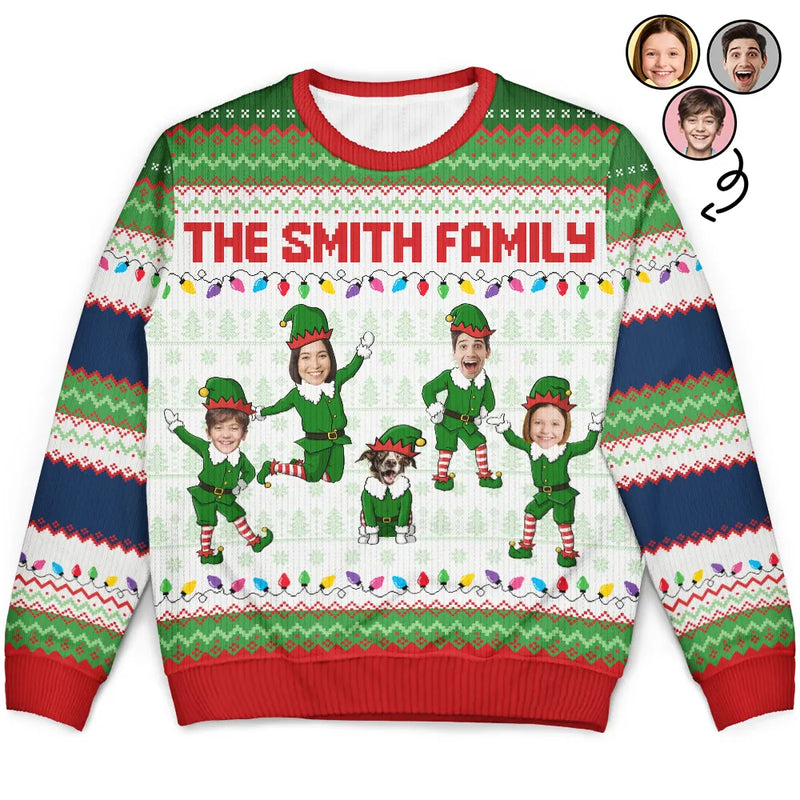 Christmas,Family,Parents,Gift For Grandparents,Gift For Kids,Funny,Custom Photo - Custom Photo Funny Christmas Elf Family Face Cut - Personalized Unisex Ugly Sweater