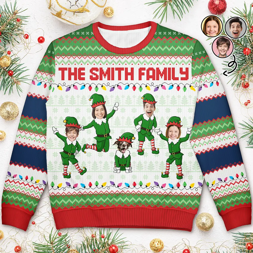 Christmas,Family,Parents,Gift For Grandparents,Gift For Kids,Funny,Custom Photo - Custom Photo Funny Christmas Elf Family Face Cut - Personalized Unisex Ugly Sweater