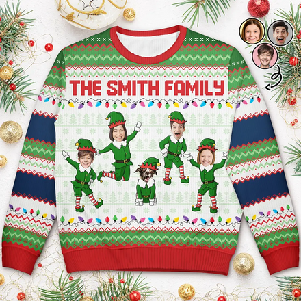 Custom Photo Funny Christmas Elf Family Face Cut - Personalized Unisex Ugly Sweater