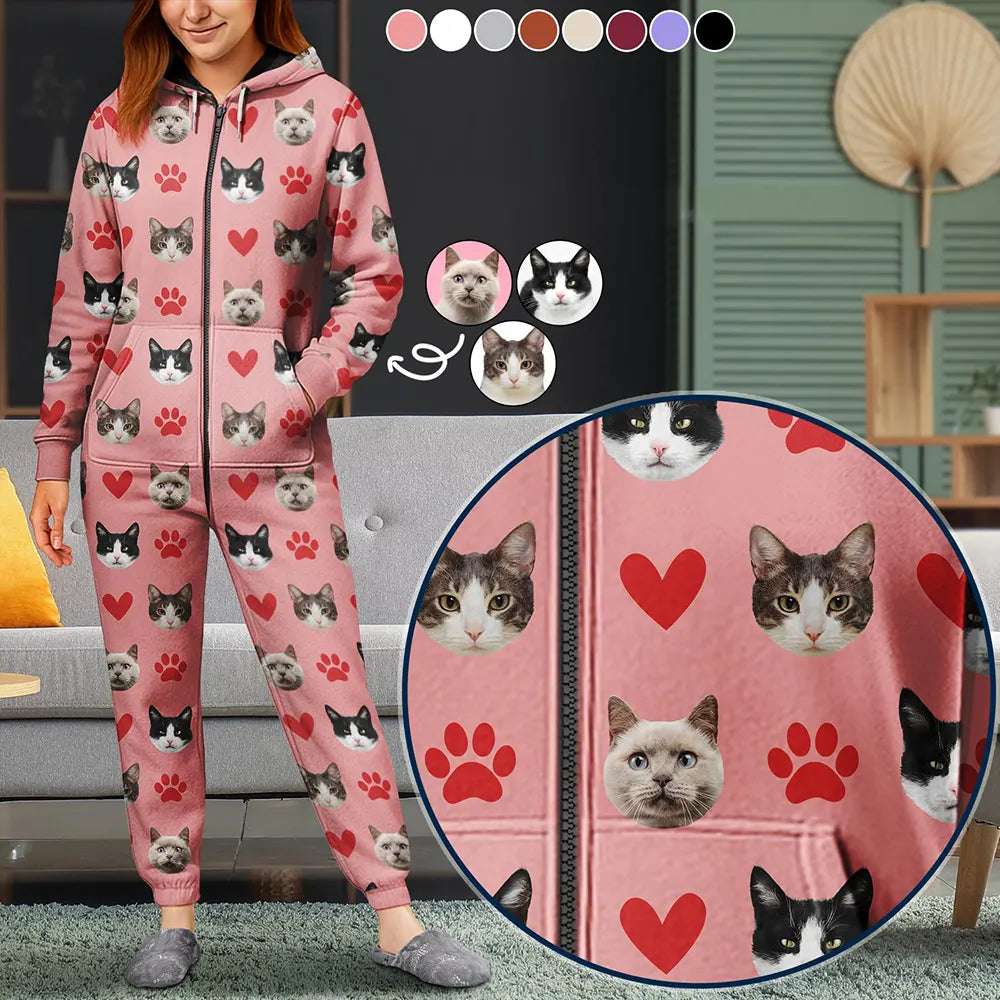 Cat Lovers, Pet Lovers, Dog Lovers, Dog Mom, Dog Dad, Cat Mom, Cat Dad, Happy - Custom Photo Funny Dog Cat Pet - Personalized Overall Onesie Hooded Jumpsuit