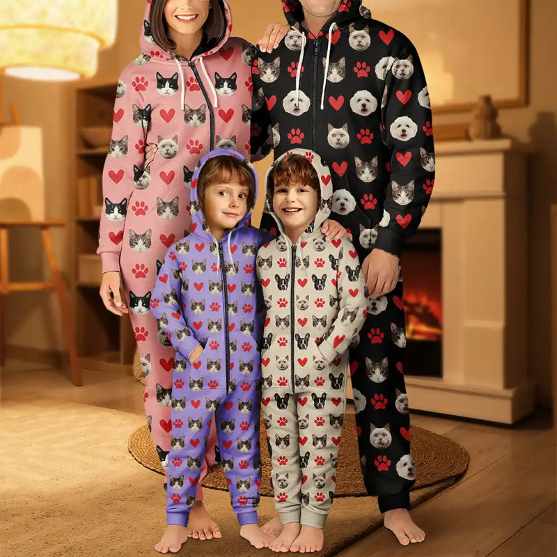 Cat Lovers, Pet Lovers, Dog Lovers, Dog Mom, Dog Dad, Cat Mom, Cat Dad, Happy - Custom Photo Funny Dog Cat Pet - Personalized Overall Onesie Hooded Jumpsuit