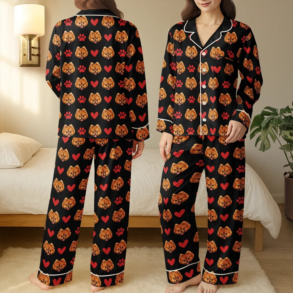 Dog Lovers, Cat Lovers, Dog Mom, Cat Mom, Happy, Gift For Women, Gift For Yourself - Custom Photo Funny Dog Cat Pet - Personalized Satin Pajama Set