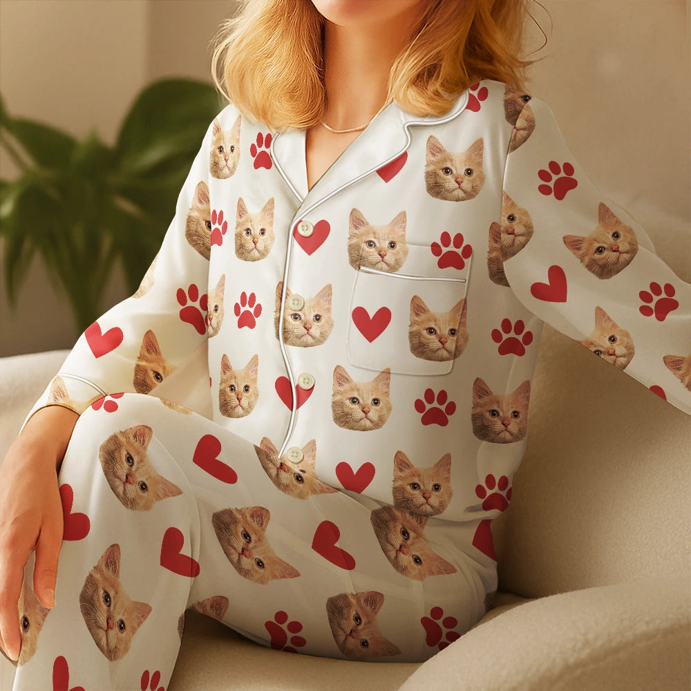 Dog Lovers, Cat Lovers, Dog Mom, Cat Mom, Happy, Gift For Women, Gift For Yourself - Custom Photo Funny Dog Cat Pet - Personalized Satin Pajama Set