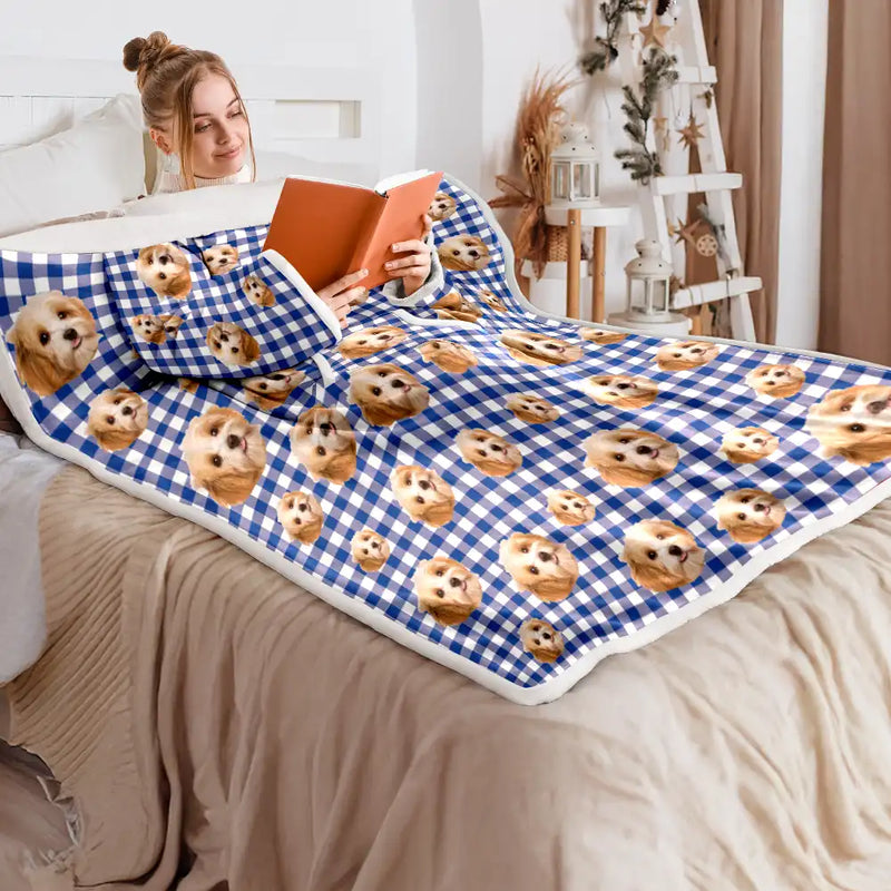Pet Lovers,Happy,Custom Photo - Custom Photo Funny Dog Cat Pet Human Face - Personalized Wearable Blanket With Sleeves