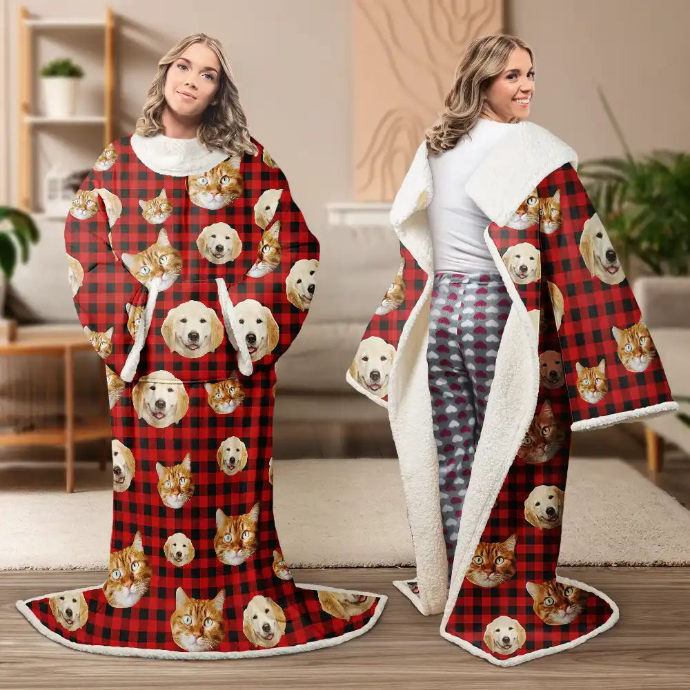 Pet Lovers,Happy,Custom Photo - Custom Photo Funny Dog Cat Pet Human Face - Personalized Wearable Blanket With Sleeves