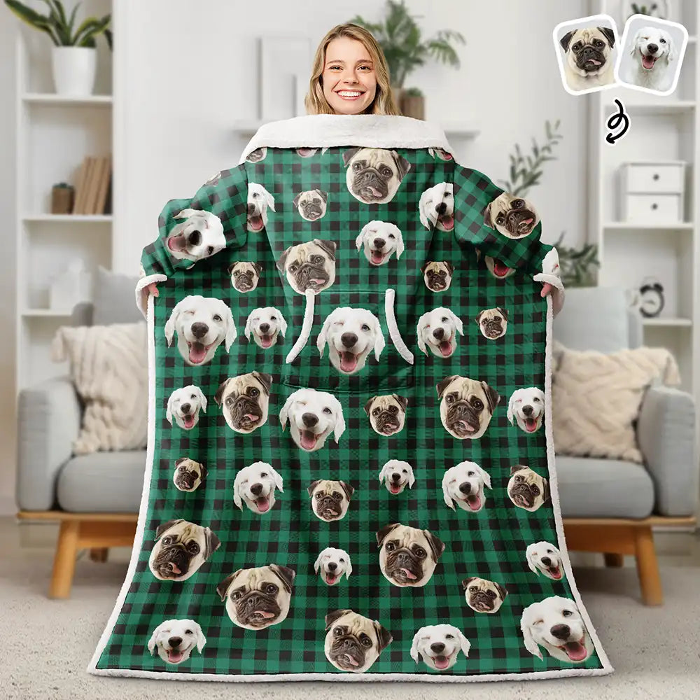 Pet Lovers,Happy,Custom Photo - Custom Photo Funny Dog Cat Pet Human Face - Personalized Wearable Blanket With Sleeves
