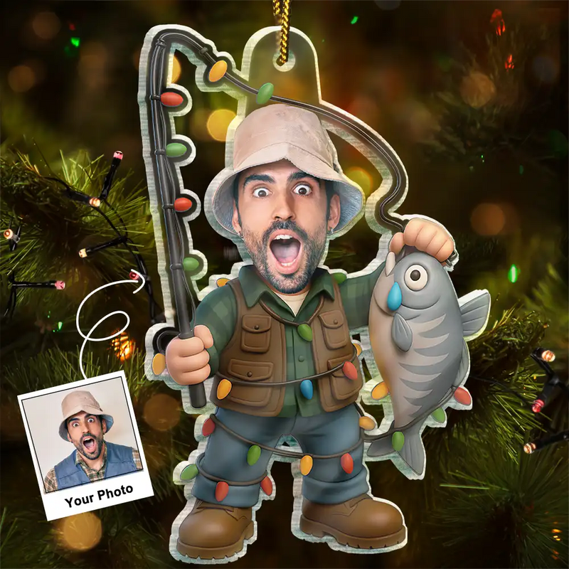 Gift For Yourself,Gift For Men,Happy,Dad's Hobby,Grandpa's Hobby,Fishing,Custom Photo,Christmas,Photo Hobby Ornament - Custom Photo Funny Face Cut Fishing Man - Personalized Acrylic Photo Ornament