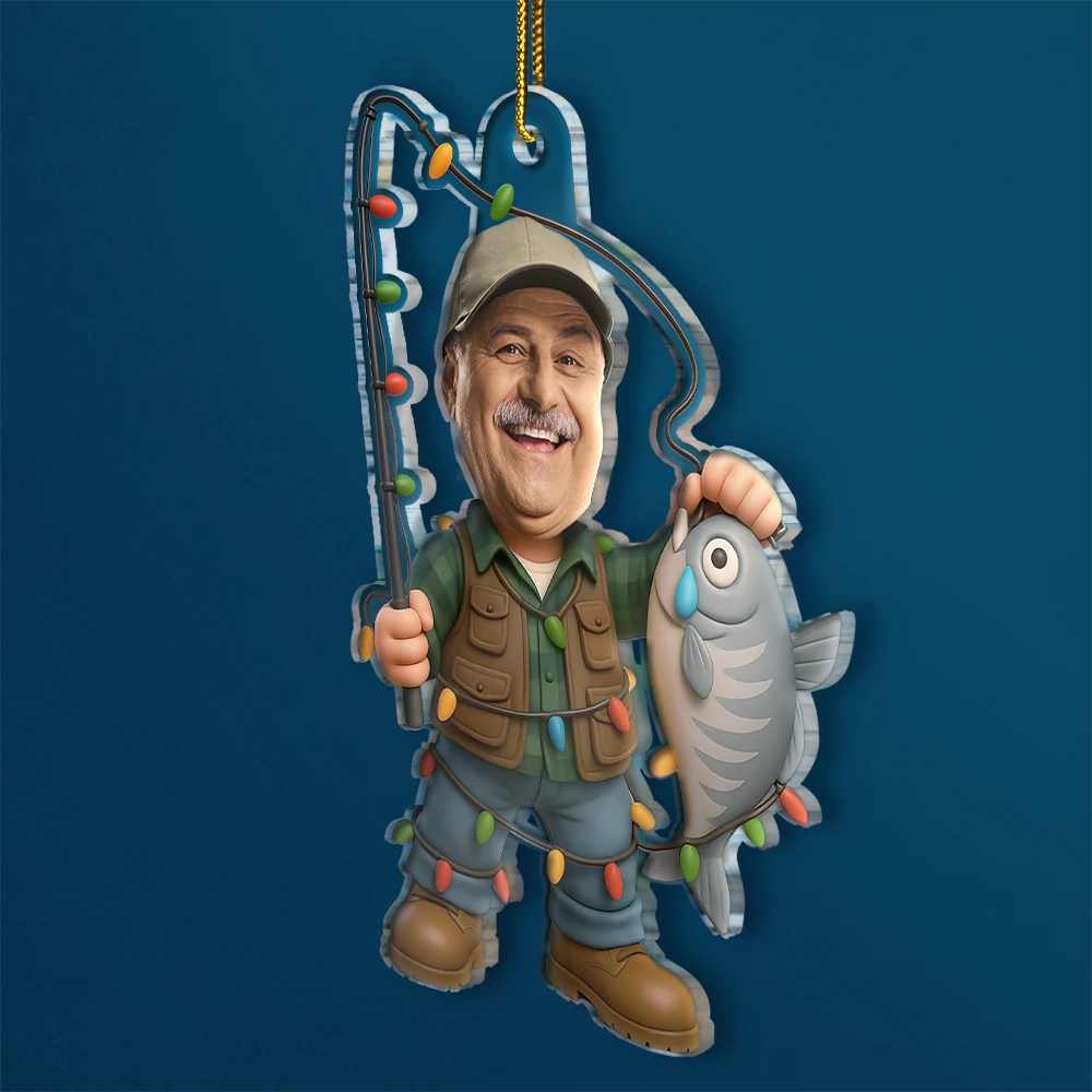 Gift For Yourself,Gift For Men,Happy,Dad's Hobby,Grandpa's Hobby,Fishing,Custom Photo,Christmas,Photo Hobby Ornament - Custom Photo Funny Face Cut Fishing Man - Personalized Acrylic Photo Ornament