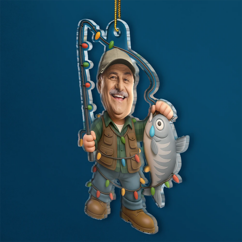 Gift For Yourself,Gift For Men,Happy,Dad's Hobby,Grandpa's Hobby,Fishing,Custom Photo,Christmas,Photo Hobby Ornament - Custom Photo Funny Face Cut Fishing Man - Personalized Acrylic Photo Ornament