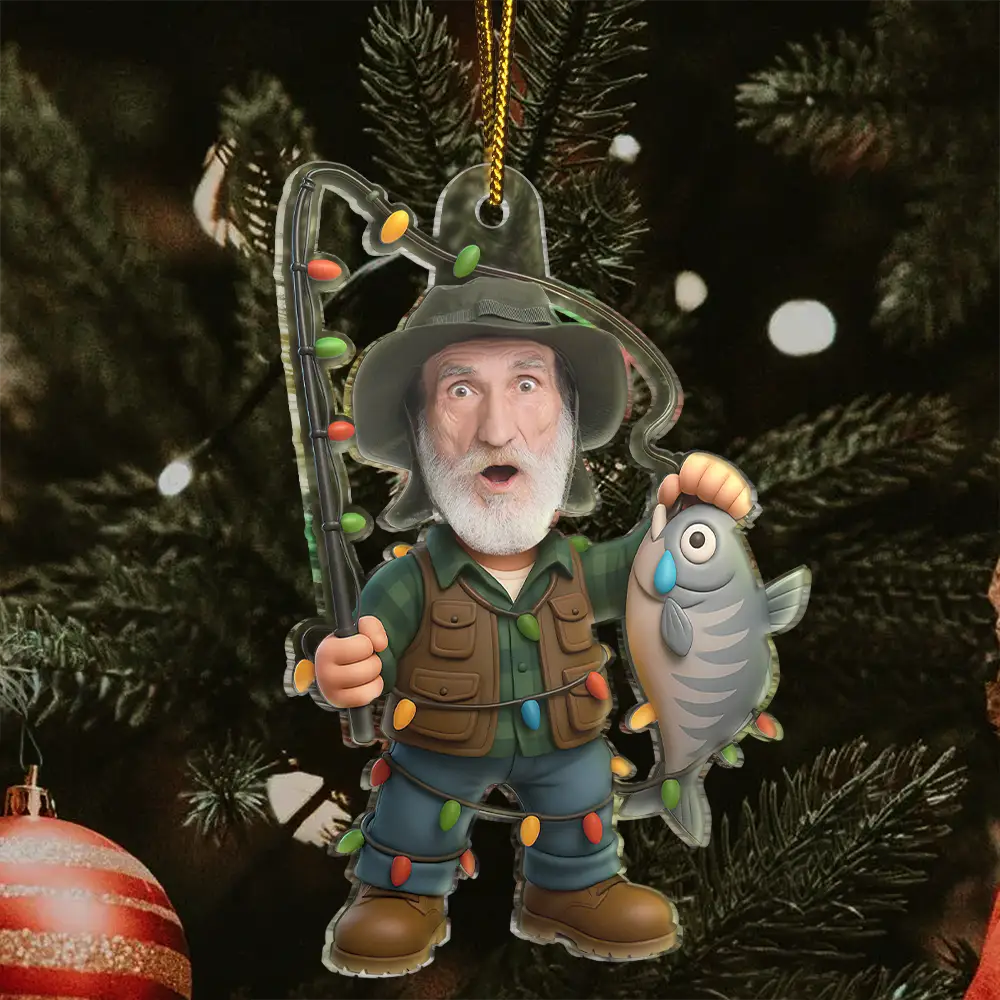 Gift For Yourself,Gift For Men,Happy,Dad's Hobby,Grandpa's Hobby,Fishing,Custom Photo,Christmas,Photo Hobby Ornament - Custom Photo Funny Face Cut Fishing Man - Personalized Acrylic Photo Ornament