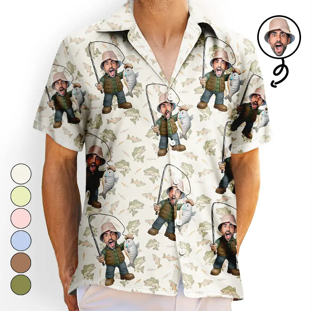 Gift For Yourself,Gift For Women,Gift For Men,Happy,Fishing - Custom Photo Funny Face Cut Fishing Man - Personalized Hawaiian Shirt
