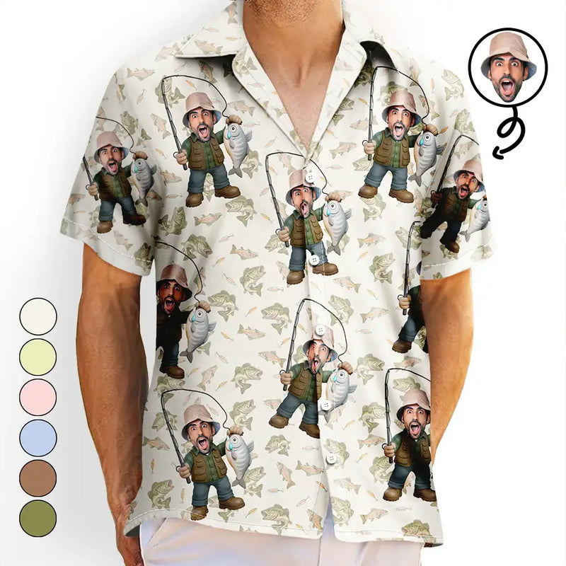Gift For Yourself,Gift For Women,Gift For Men,Happy,Fishing - Custom Photo Funny Face Cut Fishing Man - Personalized Hawaiian Shirt