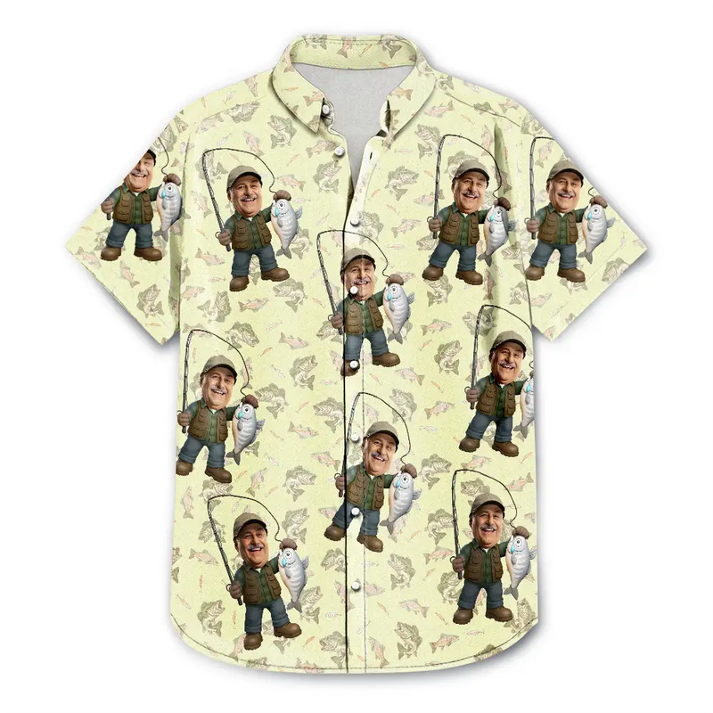 Gift For Yourself,Gift For Women,Gift For Men,Happy,Fishing - Custom Photo Funny Face Cut Fishing Man - Personalized Hawaiian Shirt