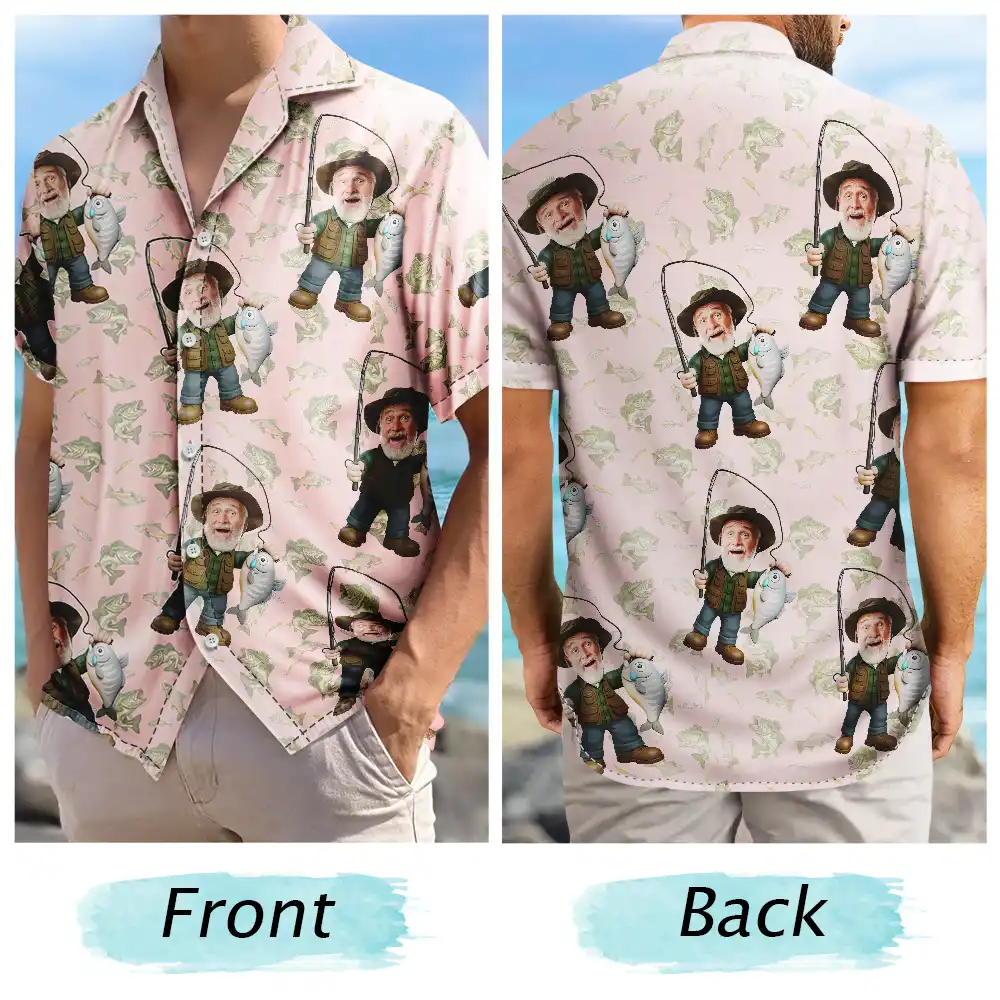 Gift For Yourself,Gift For Women,Gift For Men,Happy,Fishing - Custom Photo Funny Face Cut Fishing Man - Personalized Hawaiian Shirt