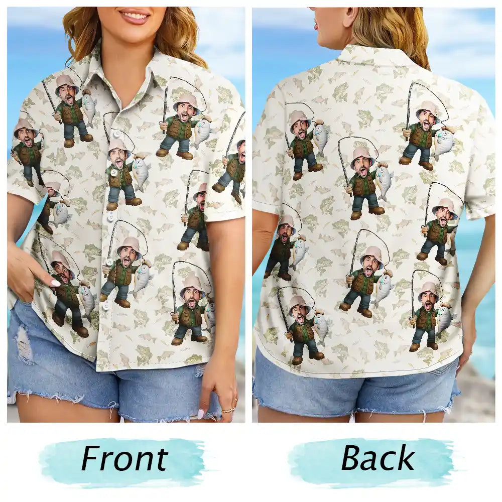 Gift For Yourself,Gift For Women,Gift For Men,Happy,Fishing - Custom Photo Funny Face Cut Fishing Man - Personalized Hawaiian Shirt