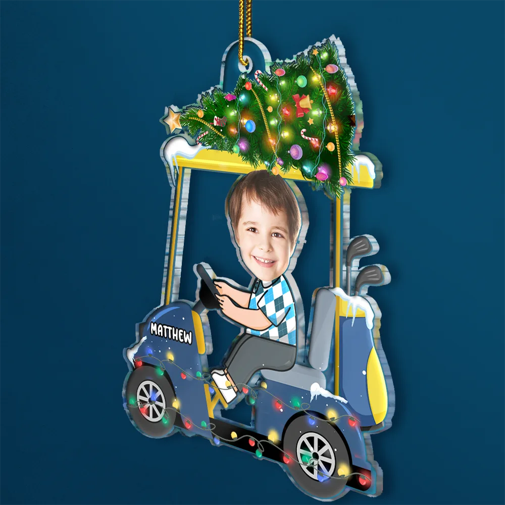 Gift For Kids, Gift For Grandkids, Photo Hobby Ornament, Custom Photo, Funny, Christmas - Custom Photo Funny Face Golf Cart Kid Baby - Personalized Acrylic Photo Ornament