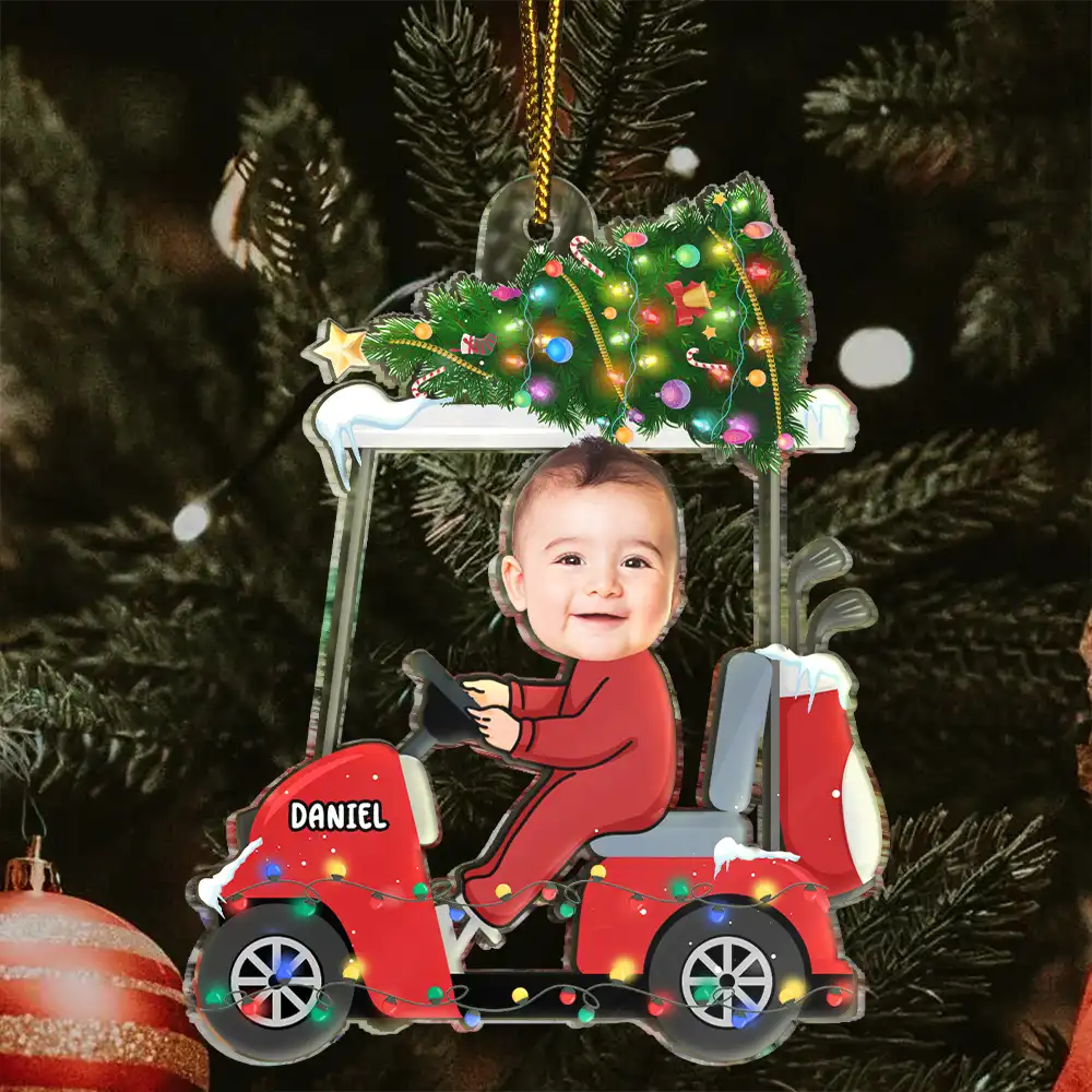 Gift For Kids, Gift For Grandkids, Photo Hobby Ornament, Custom Photo, Funny, Christmas - Custom Photo Funny Face Golf Cart Kid Baby - Personalized Acrylic Photo Ornament