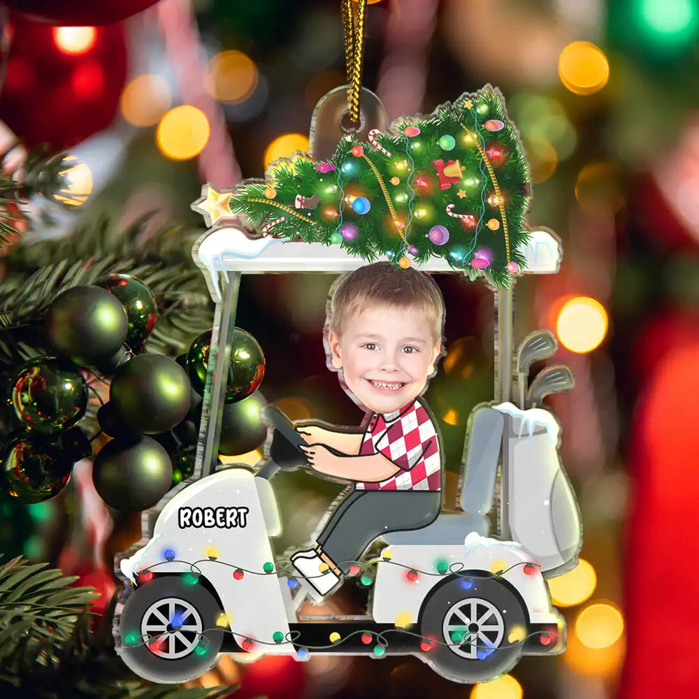 Gift For Kids, Gift For Grandkids, Photo Hobby Ornament, Custom Photo, Funny, Christmas - Custom Photo Funny Face Golf Cart Kid Baby - Personalized Acrylic Photo Ornament