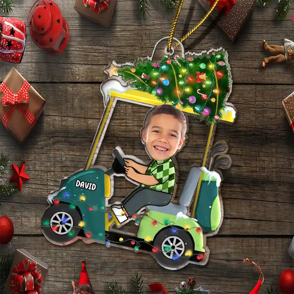 Gift For Kids, Gift For Grandkids, Photo Hobby Ornament, Custom Photo, Funny, Christmas - Custom Photo Funny Face Golf Cart Kid Baby - Personalized Acrylic Photo Ornament